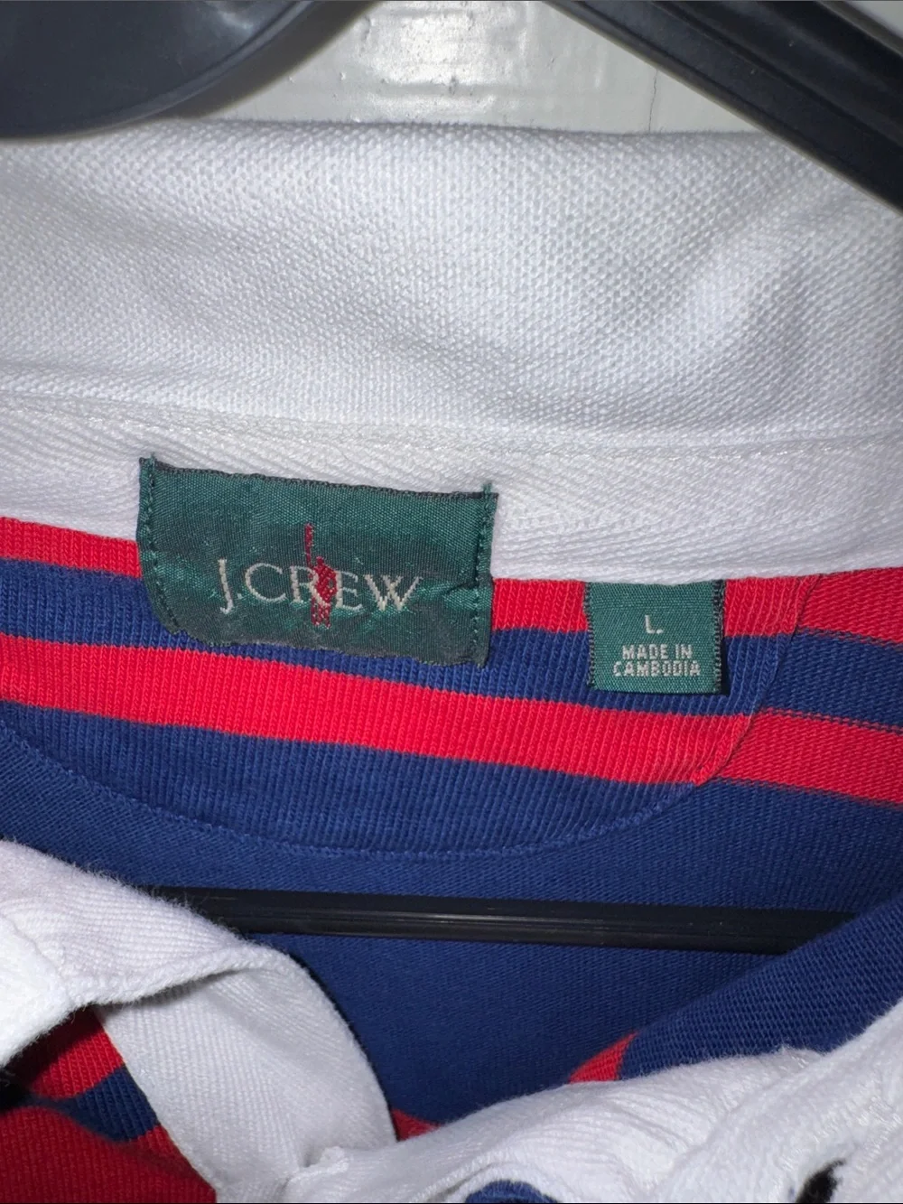 J. Crew Men’s Red and Navy Striped Rugby Polo White Collar Long Sleeve L VTG